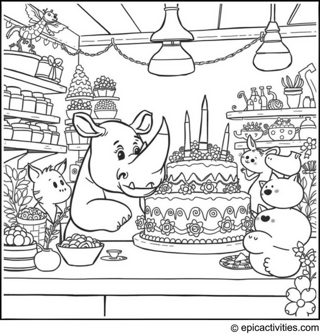 Coloring page of a Cartoon Rhino in a Whimsical Bakery Creating a Colorful Cake with Other Cartoon Animals