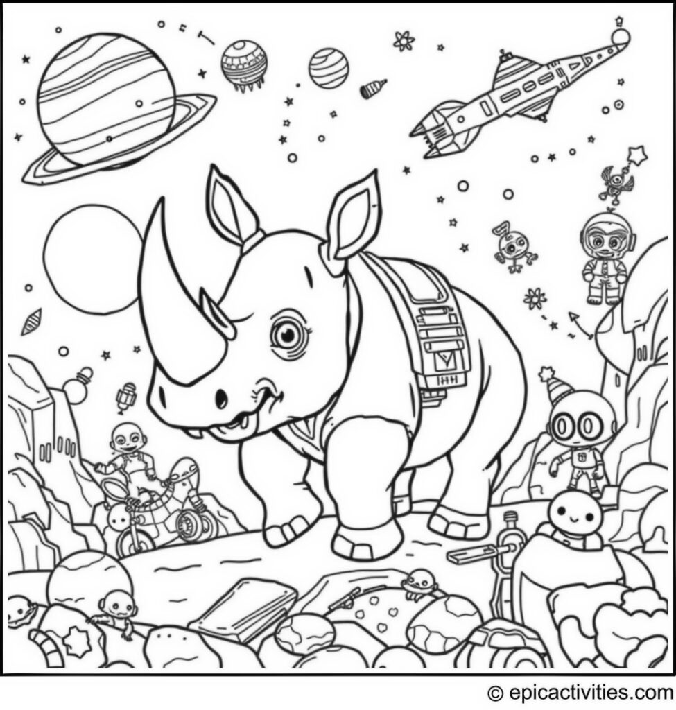 Coloring page of a Cartoon Rhino in a Whimsical Space Adventure