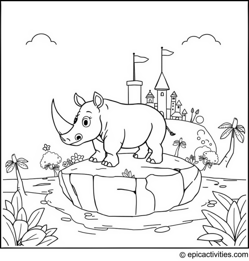 Coloring page of a Cartoon Rhino on a Treasure Hunt Island with Whimsical Trees and Landmarks