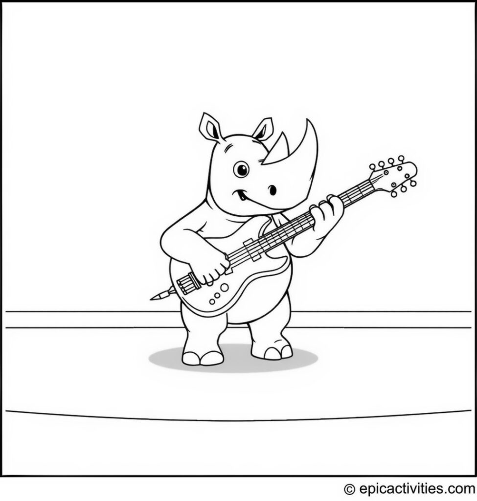 Coloring page of a Cartoon Rhino Playing an Oversized Guitar