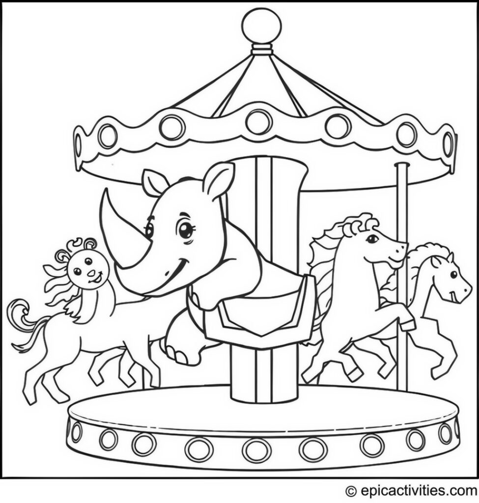 Coloring page of a cartoon rhino riding a whimsical carousel with oversized, colorful animals