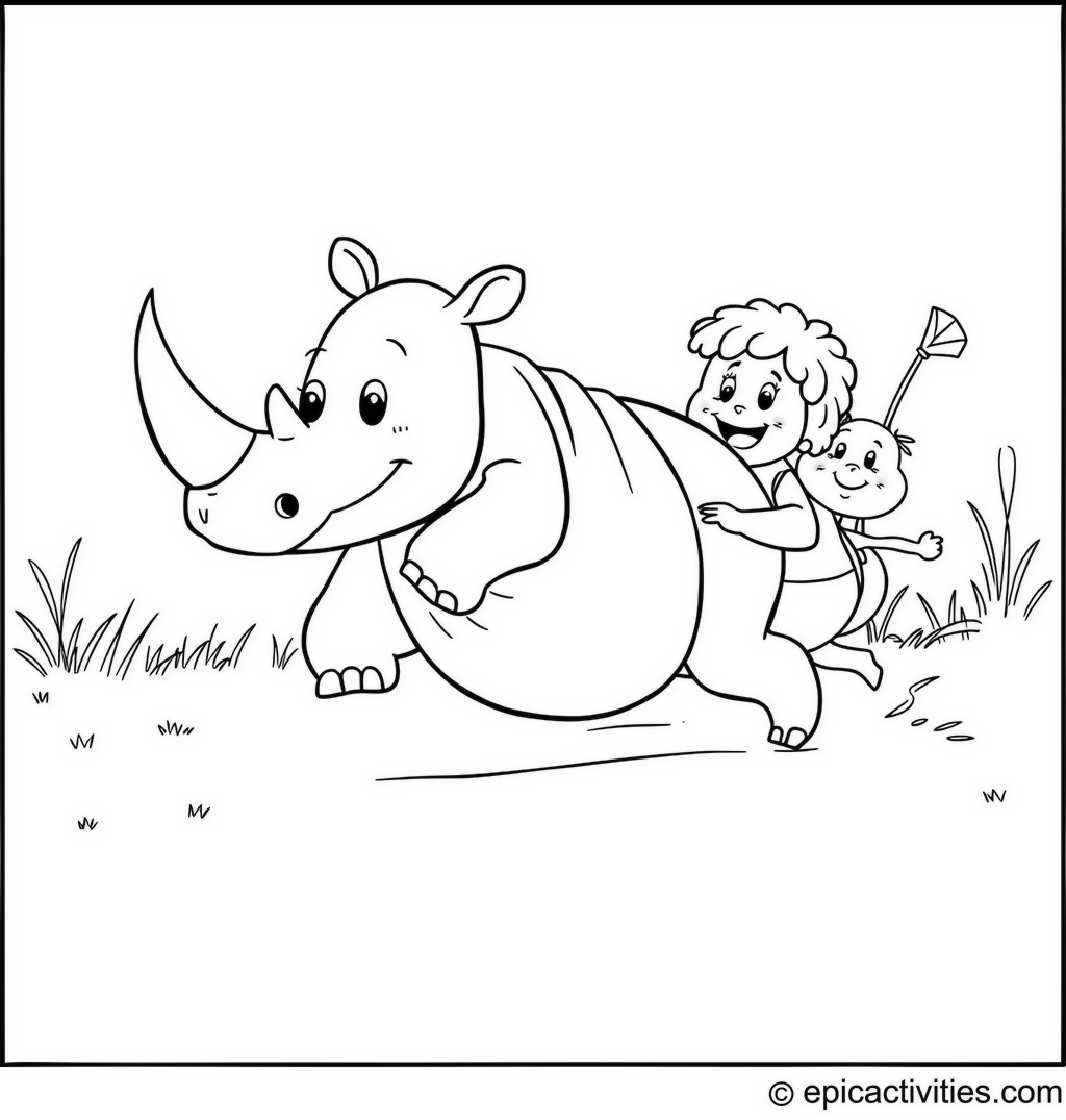 Coloring page of a Cartoon Rhino Sack Racing with Friends