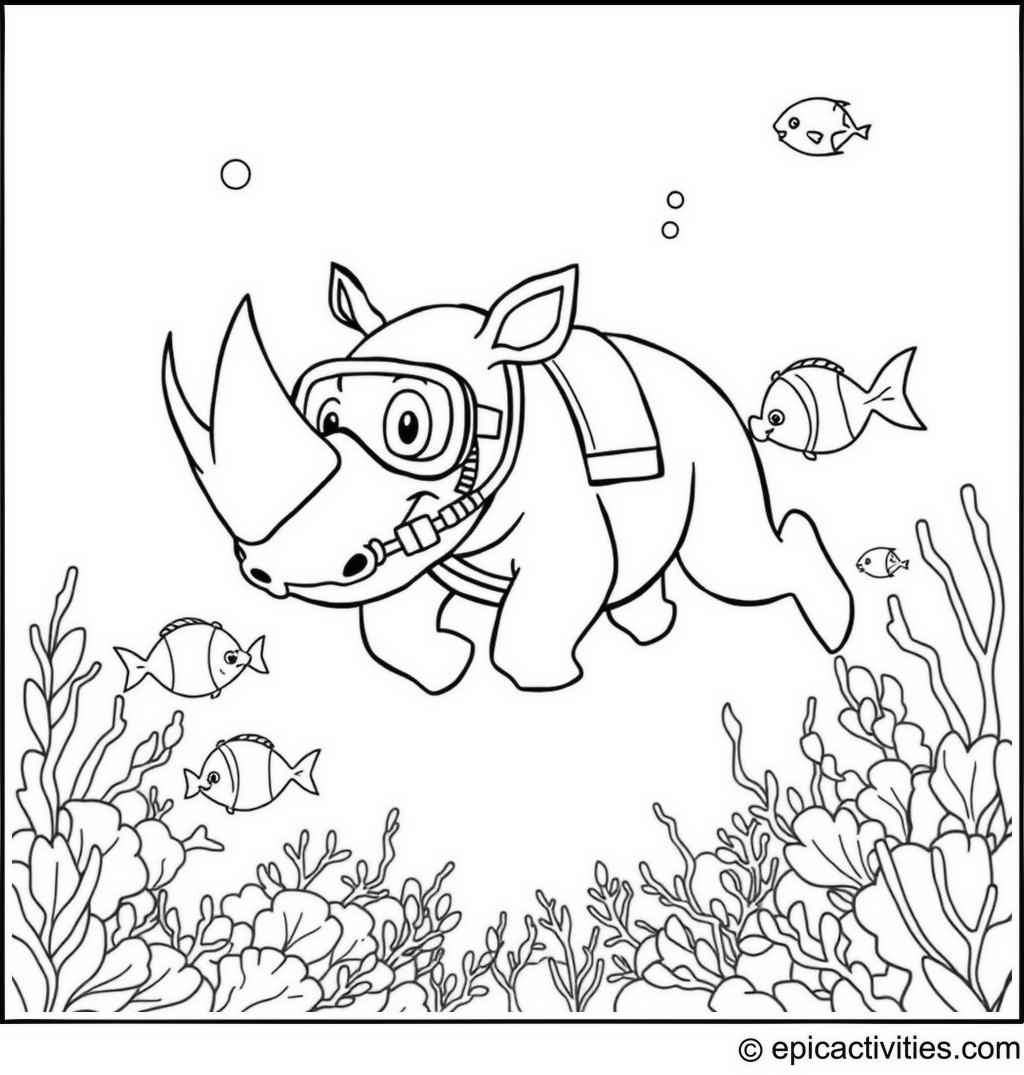 Coloring page of a Cartoon Rhino Scuba Diving with Friendly Fish in an Underwater Scene