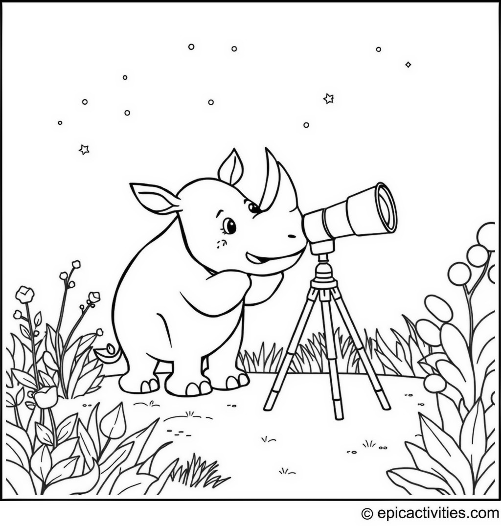 Coloring page of a Cartoon Rhino Star-Gazing with a Whimsical Telescope in a Minimalist Garden Setting