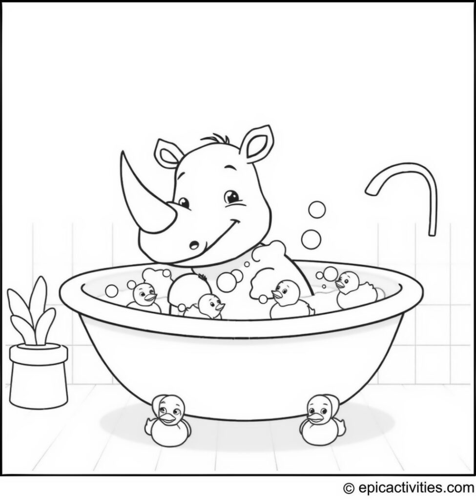 Coloring page of a Cartoon Rhino Taking a Bubble Bath with Rubber Ducks