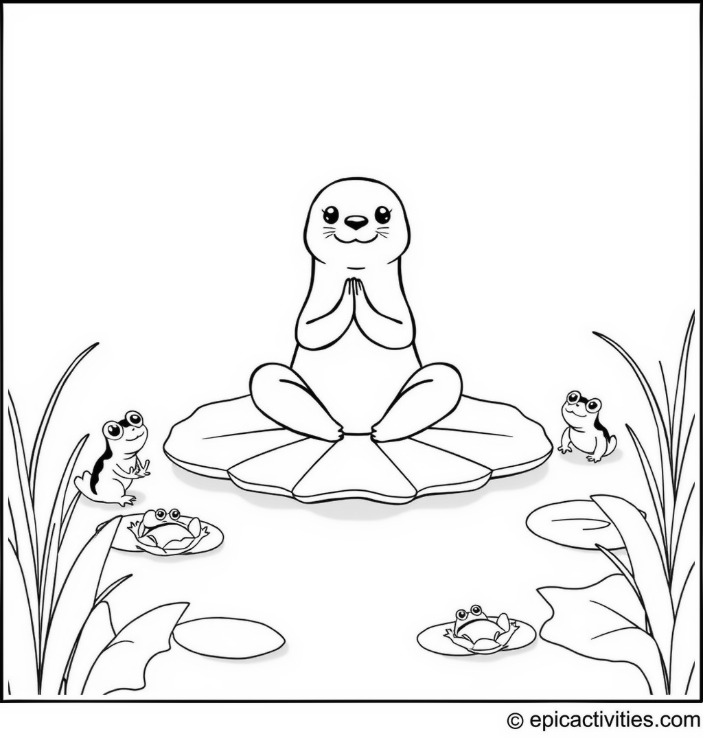 Coloring page of a Cartoon Seal Doing Yoga on a Lily Pad