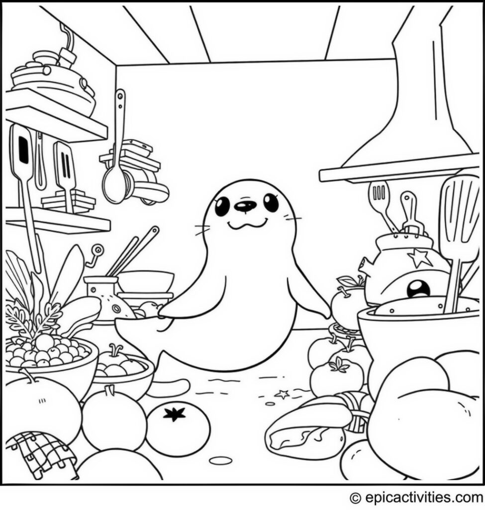 Coloring page of a cartoon seal exploring a giant's kitchen