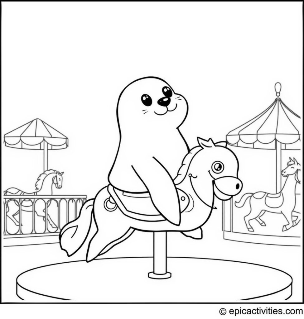 Coloring page of a Cartoon Seal Riding a Carousel Horse at an Amusement Park