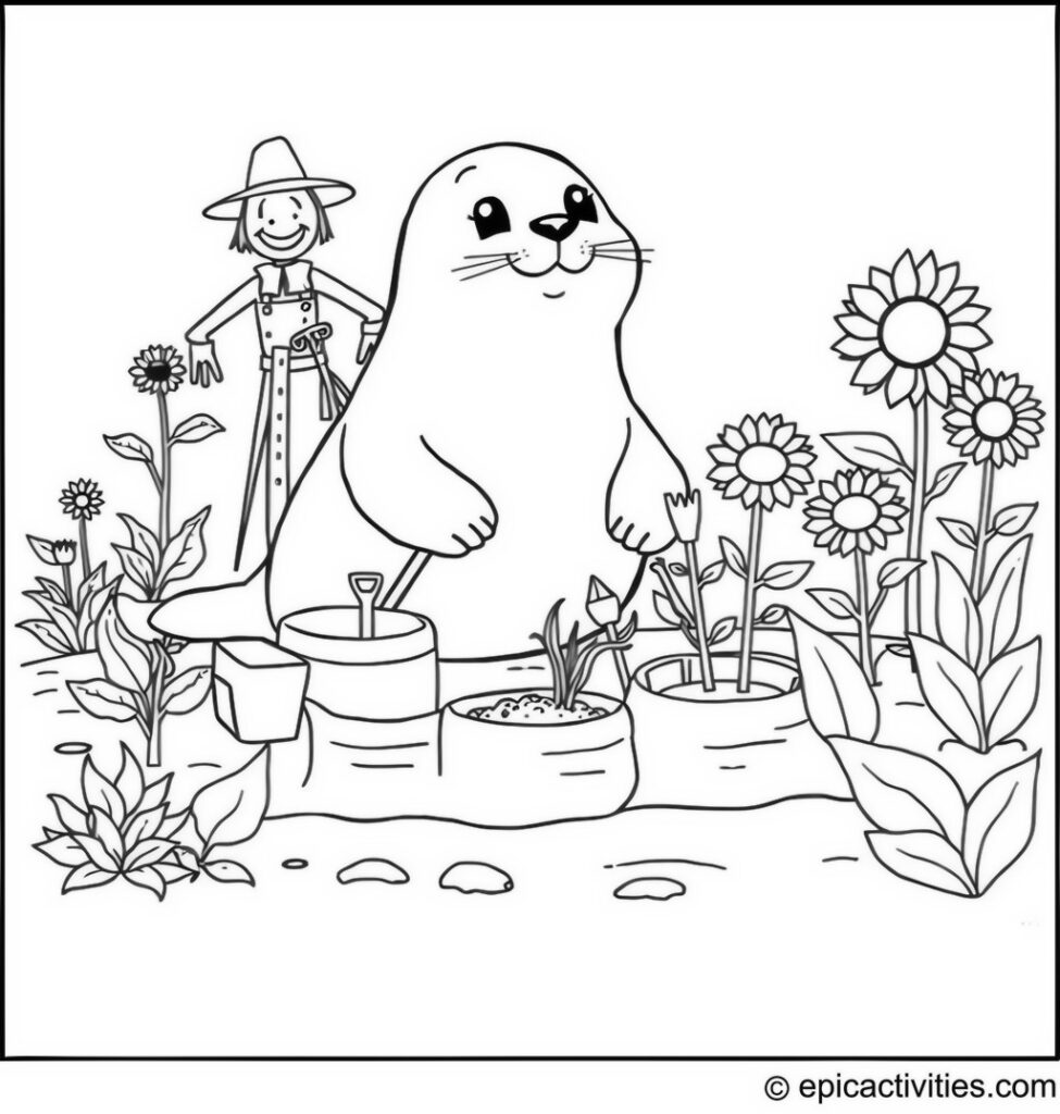 Coloring page of a Cartoon Seal Tending a Veggie Garden with a Scarecrow!