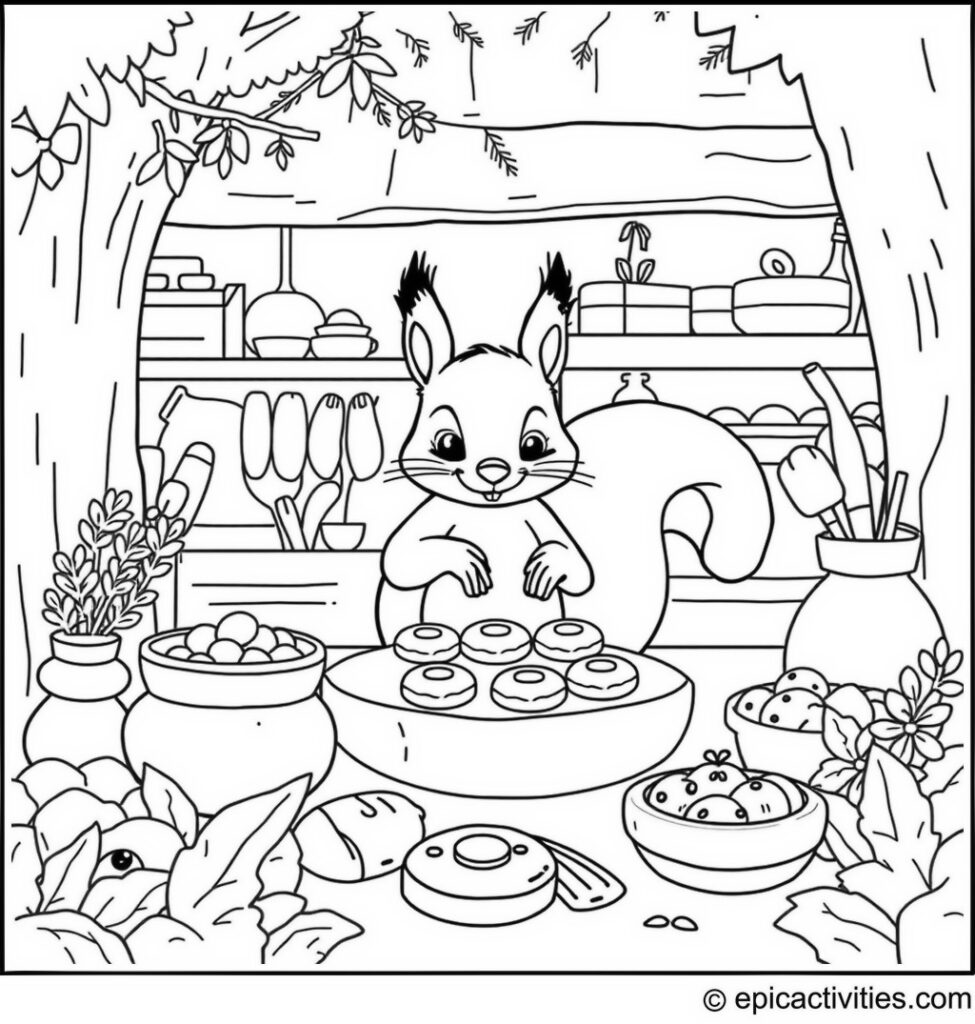Coloring page of a Cartoon Squirrel Baking Cookies in the Forest Bakery