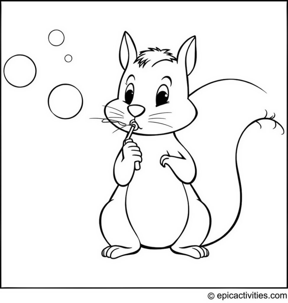 Coloring page of a Cartoon Squirrel Blowing Bubbles with Bubble Wand