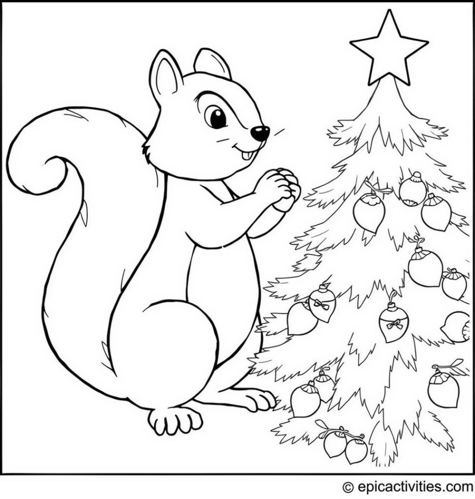Coloring page of a Cartoon Squirrel Decorating a Christmas Tree with Acorn Ornaments