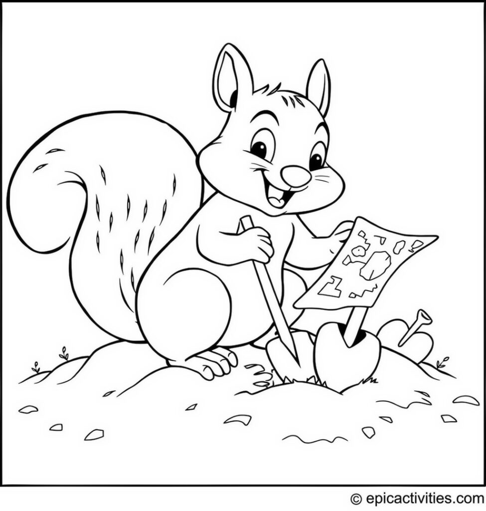 Coloring page of a Cartoon Squirrel Digging for Treasure