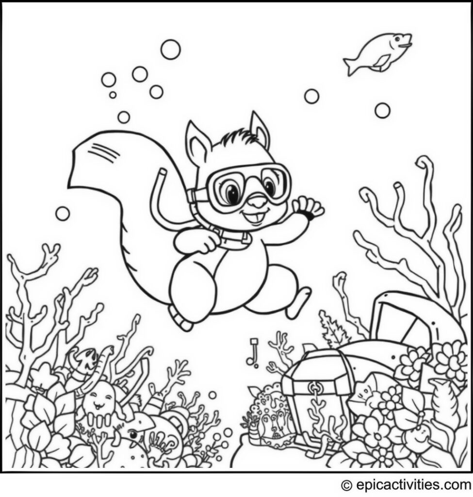 Coloring page of a Cartoon Squirrel Diving Underwater Adventure