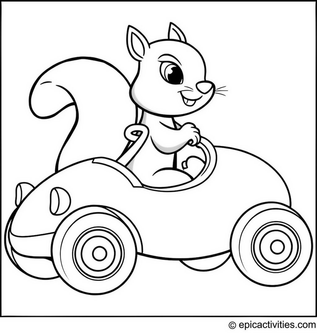 Coloring page of a cartoon squirrel driving a tiny walnut car