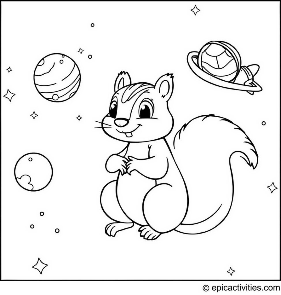 Coloring page of a Cartoon Squirrel Exploring Space with Planets and Stars