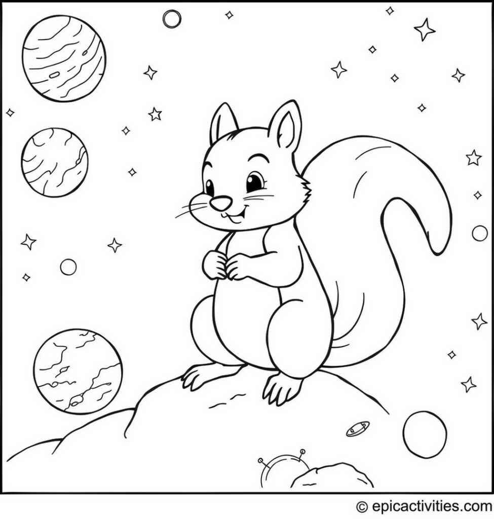Coloring page of a Cartoon Squirrel Exploring Space