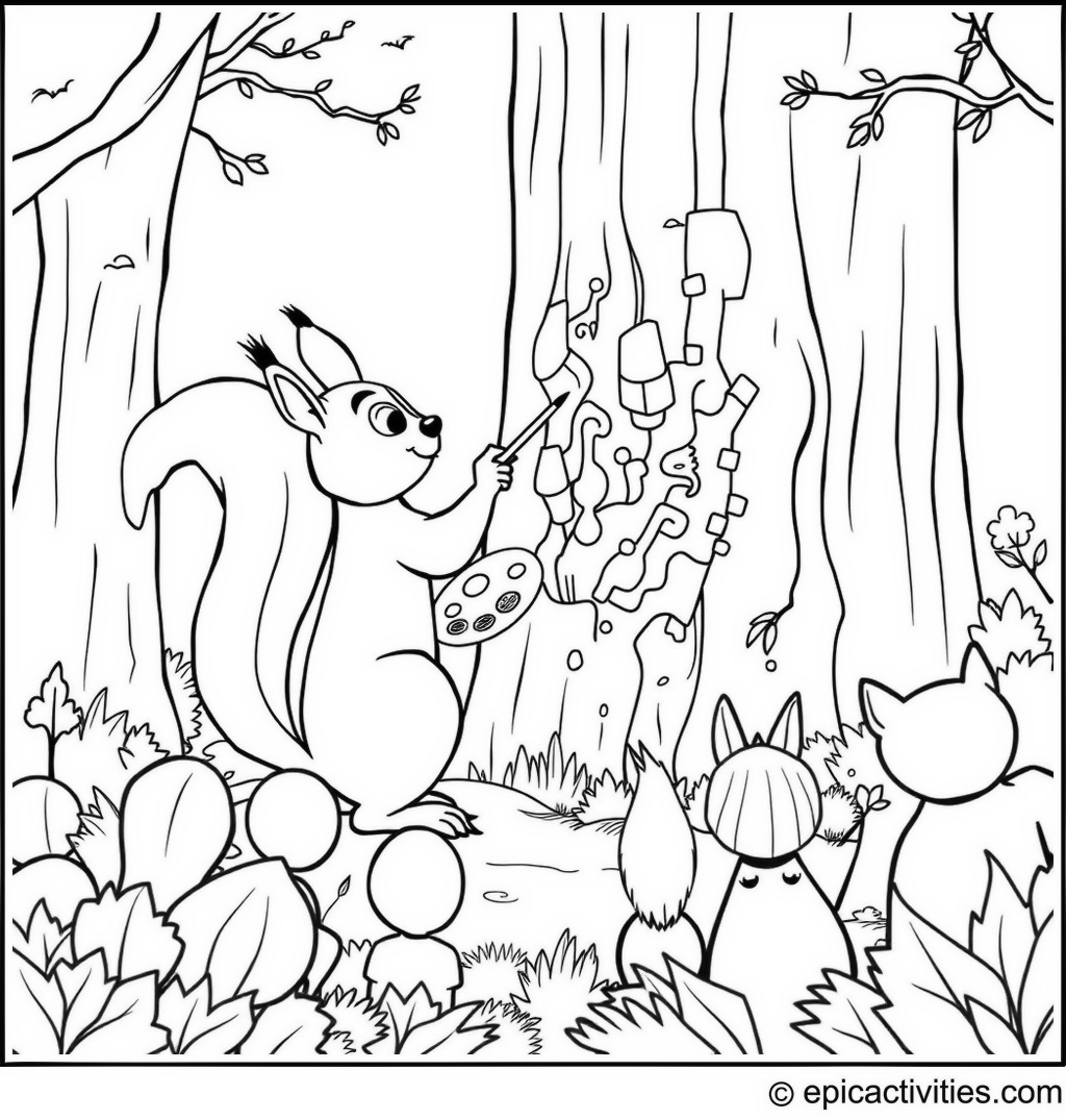 Coloring page of a Cartoon Squirrel Painting a Mural on a Tree Trunk