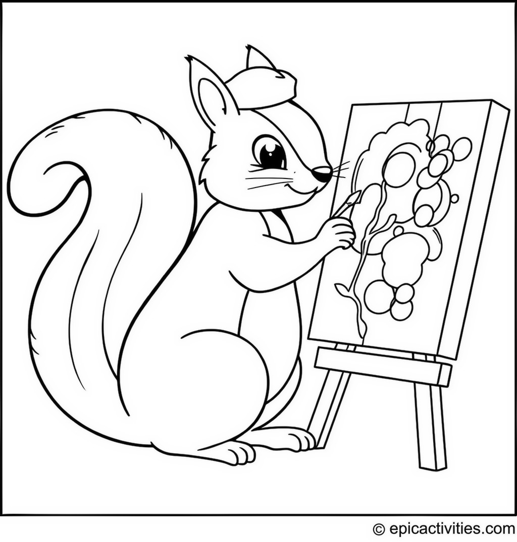 Coloring page of a Cartoon Squirrel Painting an Abstract with a Tiny Beret