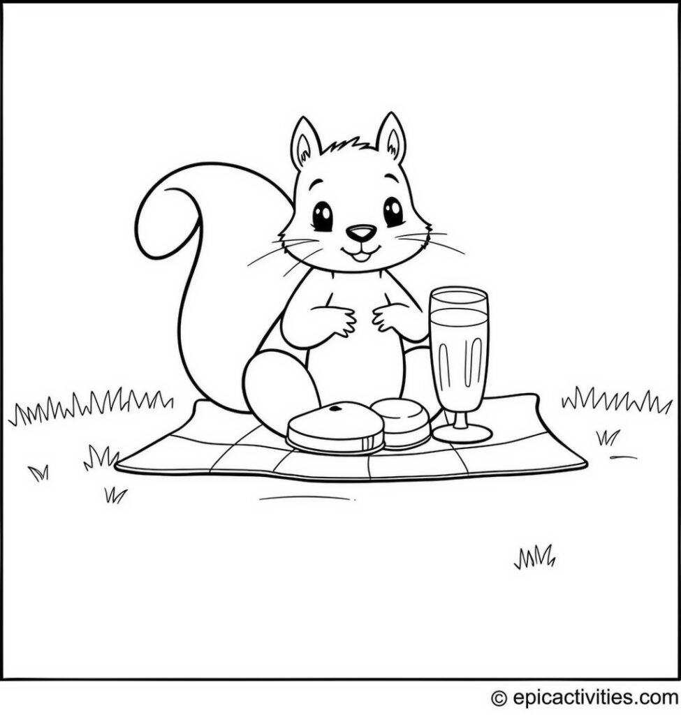 Coloring page of a Cartoon Squirrel Picnic