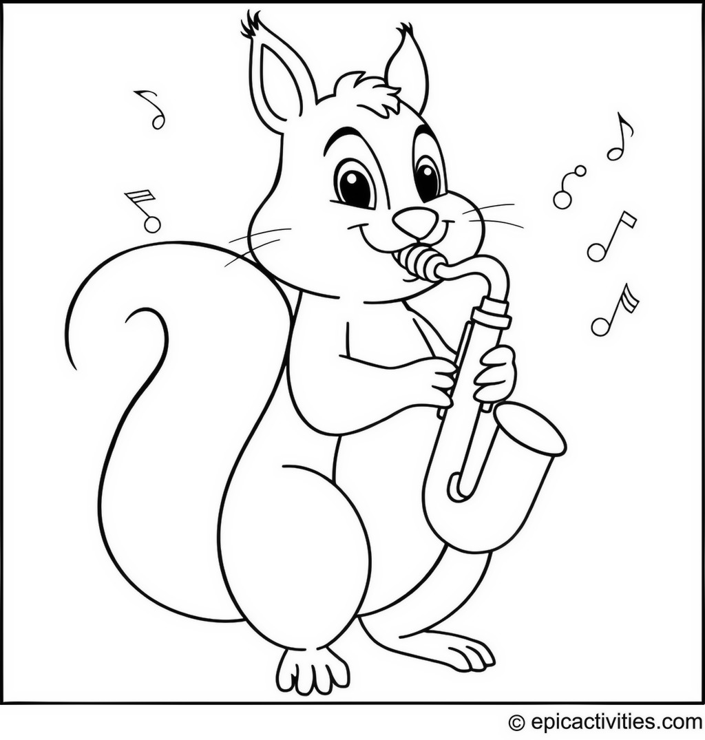 Coloring page of a Cartoon Squirrel playing a Mini Saxophone with Musical Notes