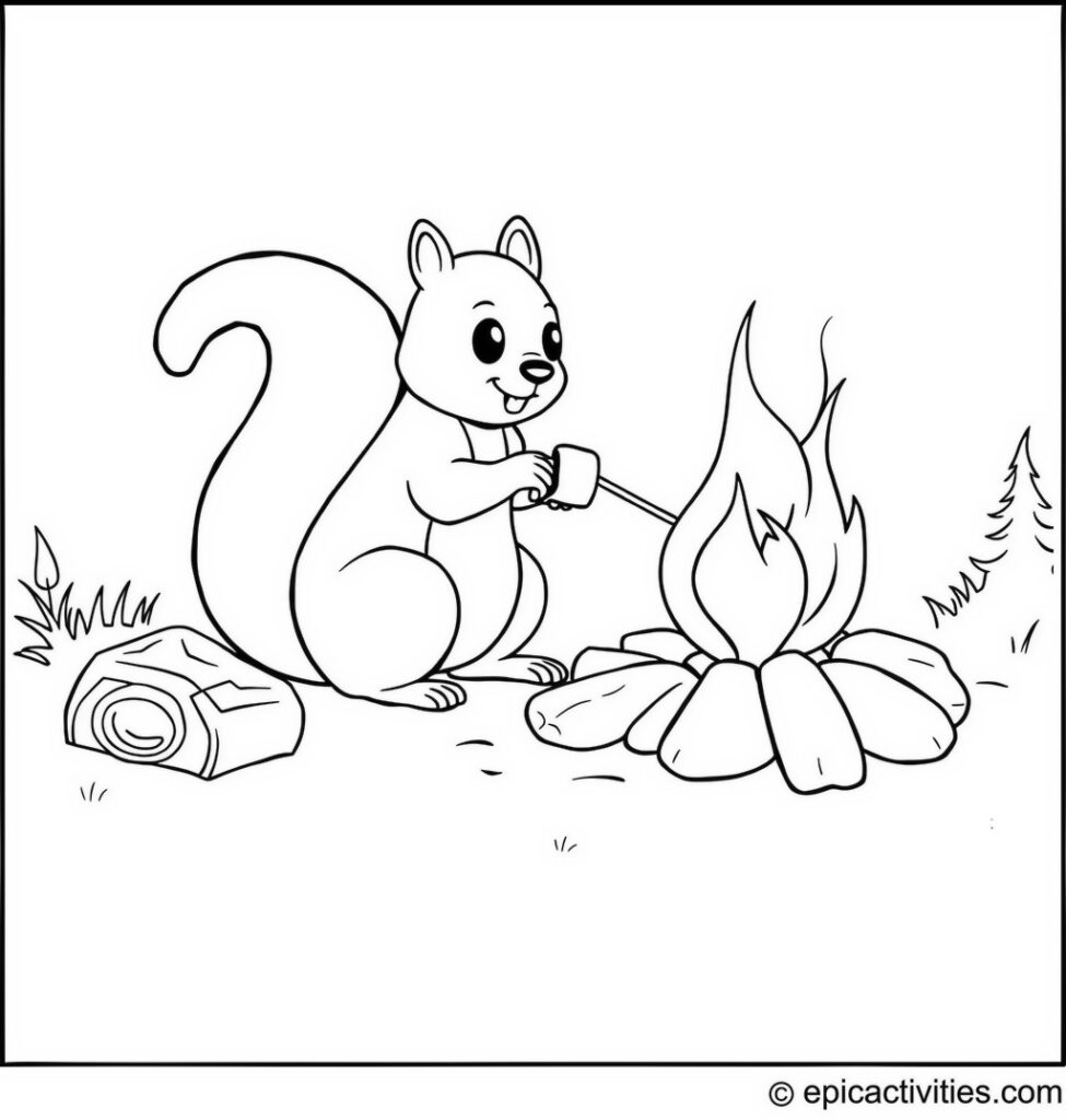 Coloring page of a Cartoon Squirrel Roasting Marshmallows by a Campfire