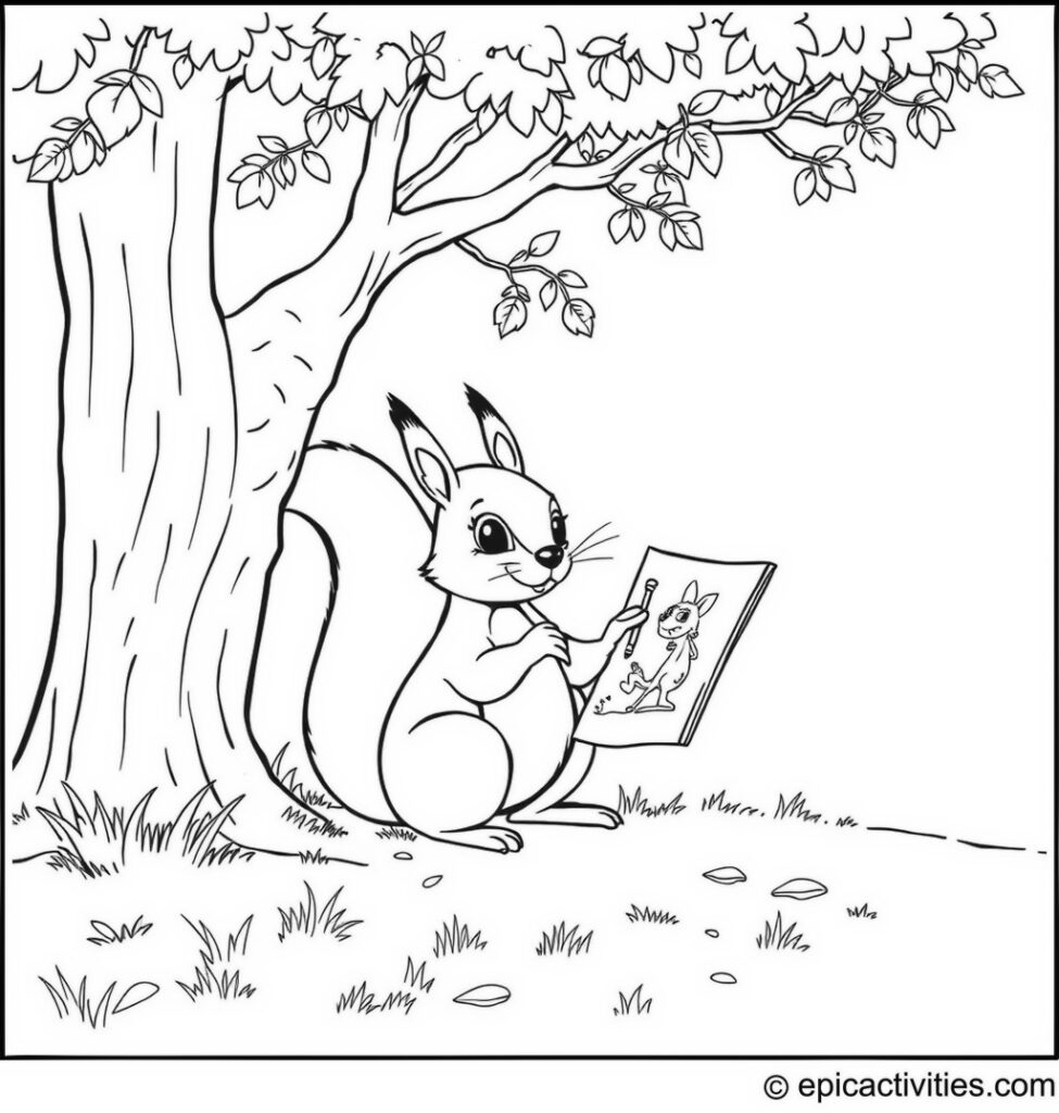 Coloring page of a Cartoon Squirrel Sketching Under a Tree