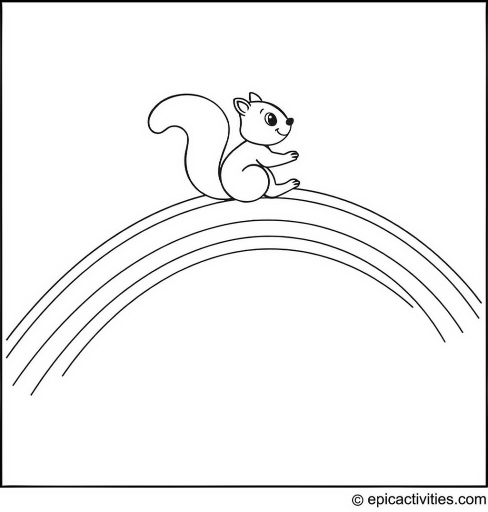 Coloring page of a Cartoon Squirrel Sliding Down a Rainbow