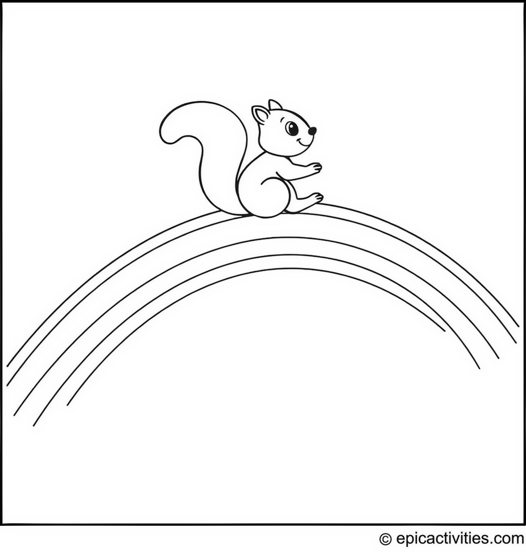 Coloring page of a Cartoon Squirrel Sliding Down a Rainbow