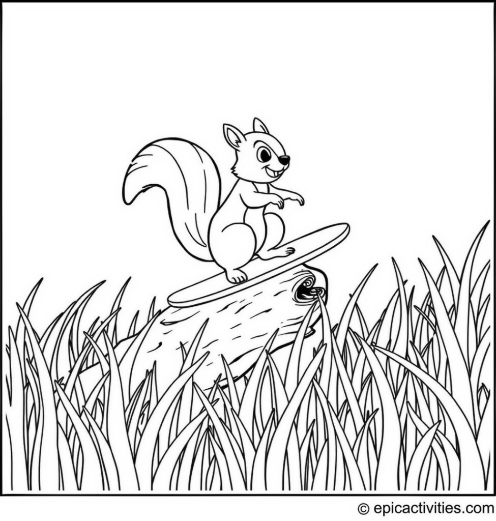 Coloring page of a Cartoon Squirrel Surfing on a Piece of Bark