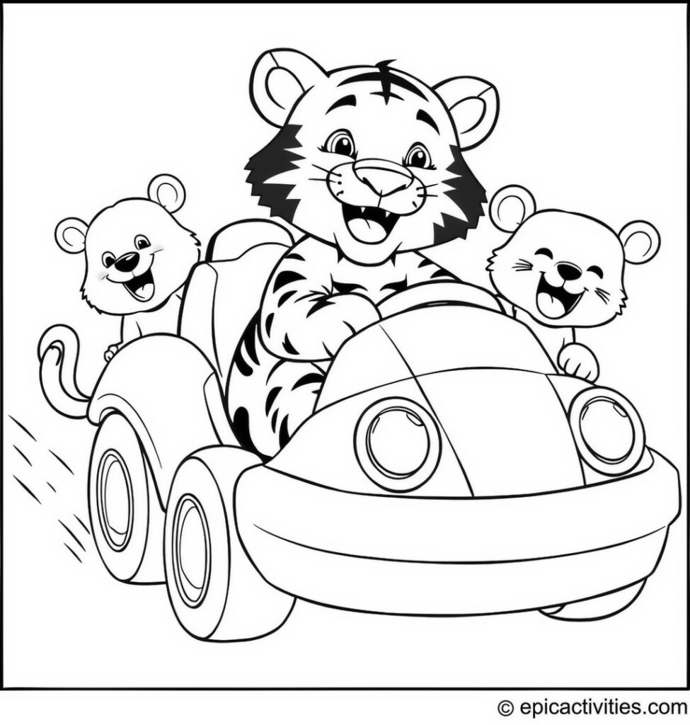 Coloring page of a Cartoon Tiger Driving a Bumper Car with Cute Animals Laughing