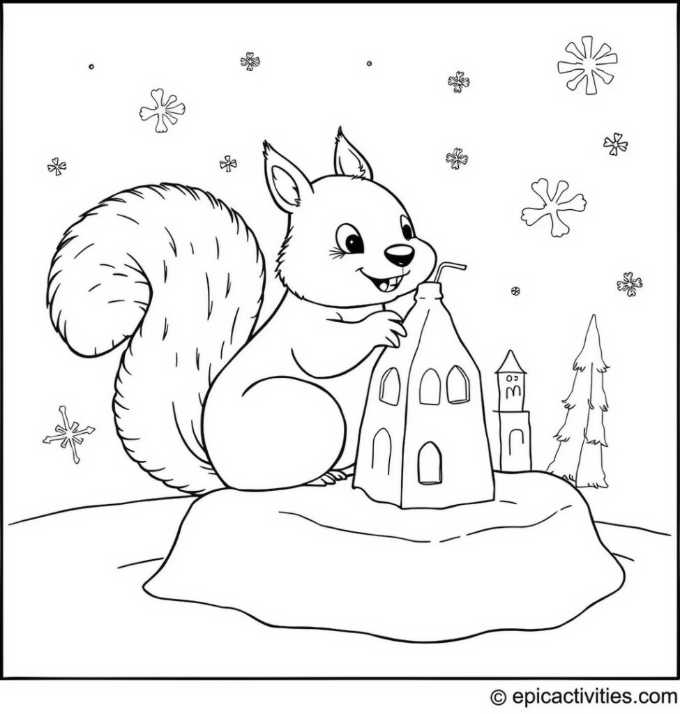 Coloring page of a Charming Squirrel Building Snow Sculptures