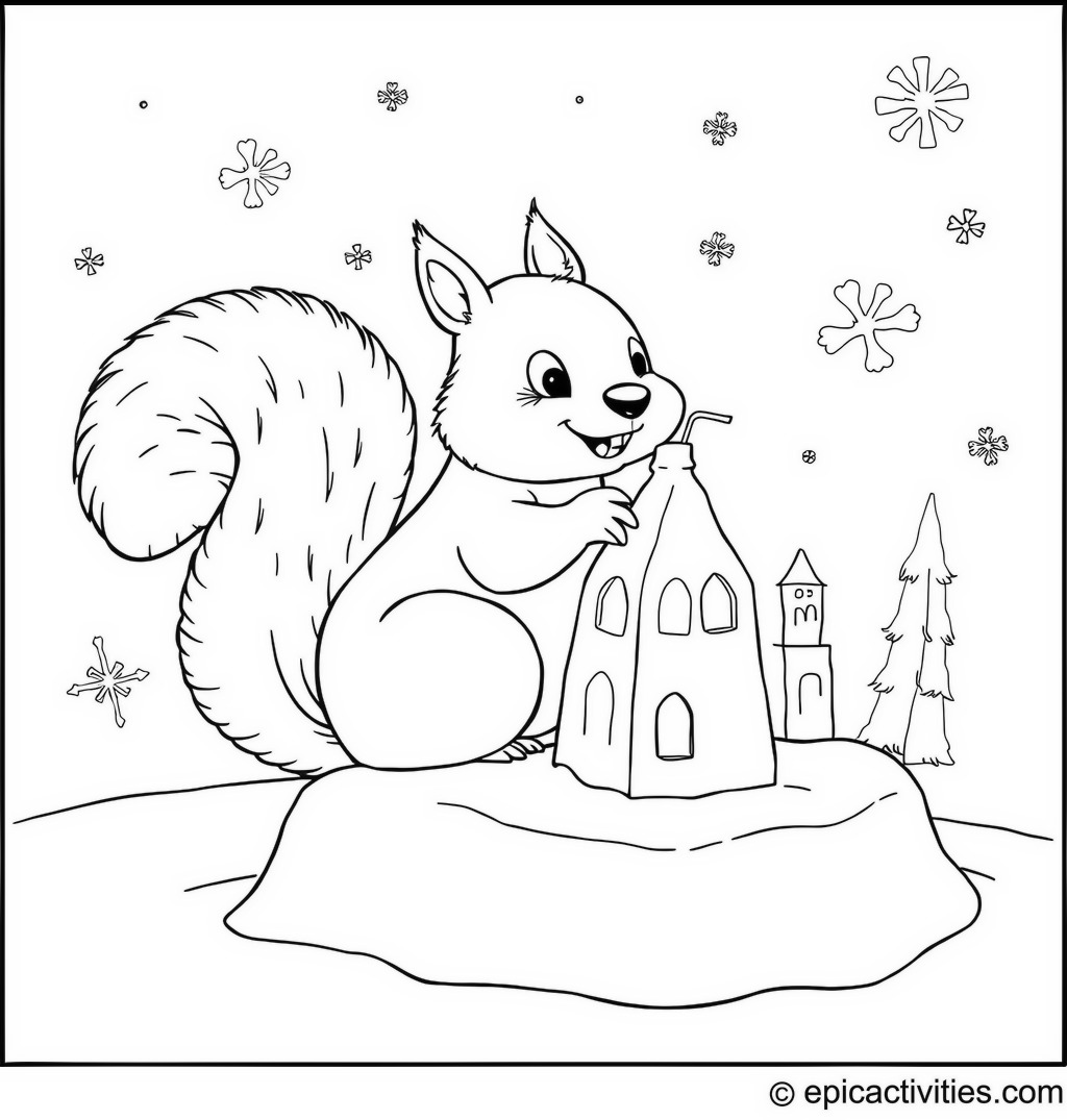 Coloring page of a Charming Squirrel Building Snow Sculptures