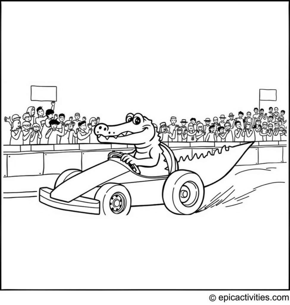 Coloring page of a Cheerful Alligator Driving a Race Car on a Racetrack