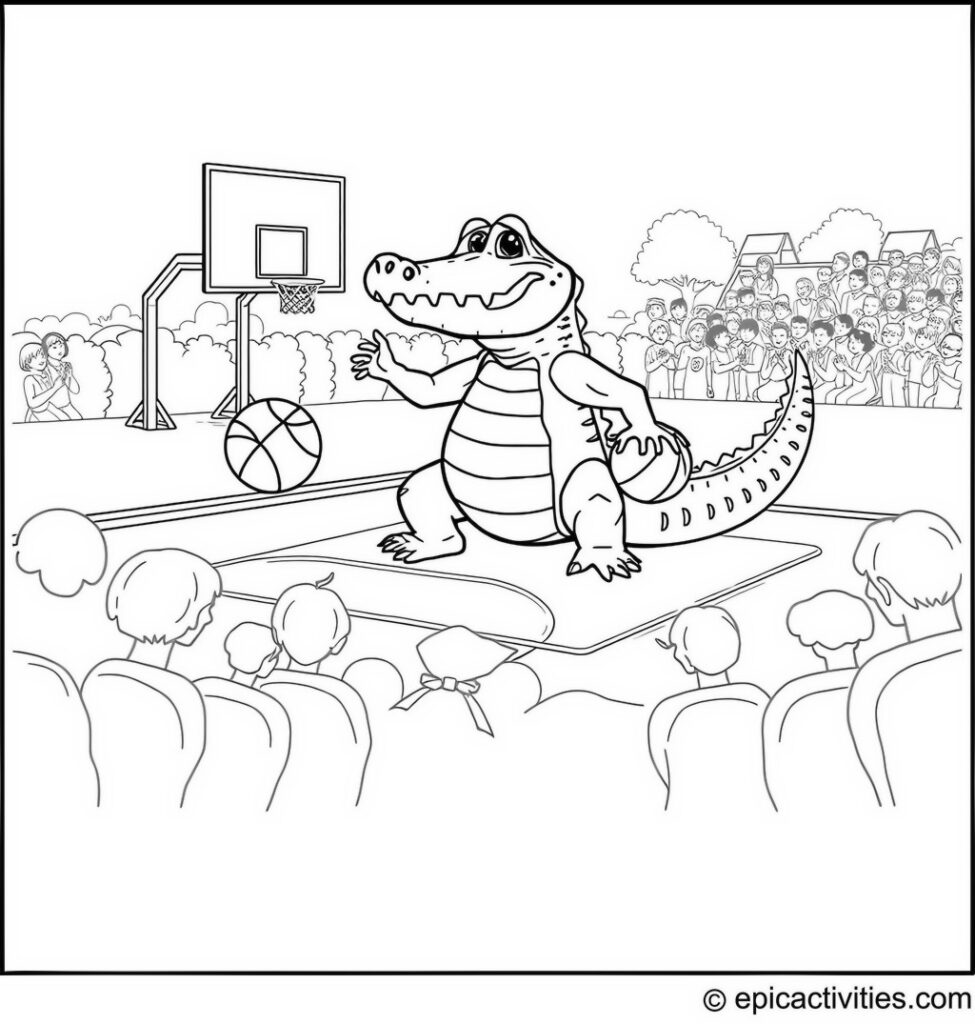 Coloring page of a Cheerful Alligator Playing Basketball