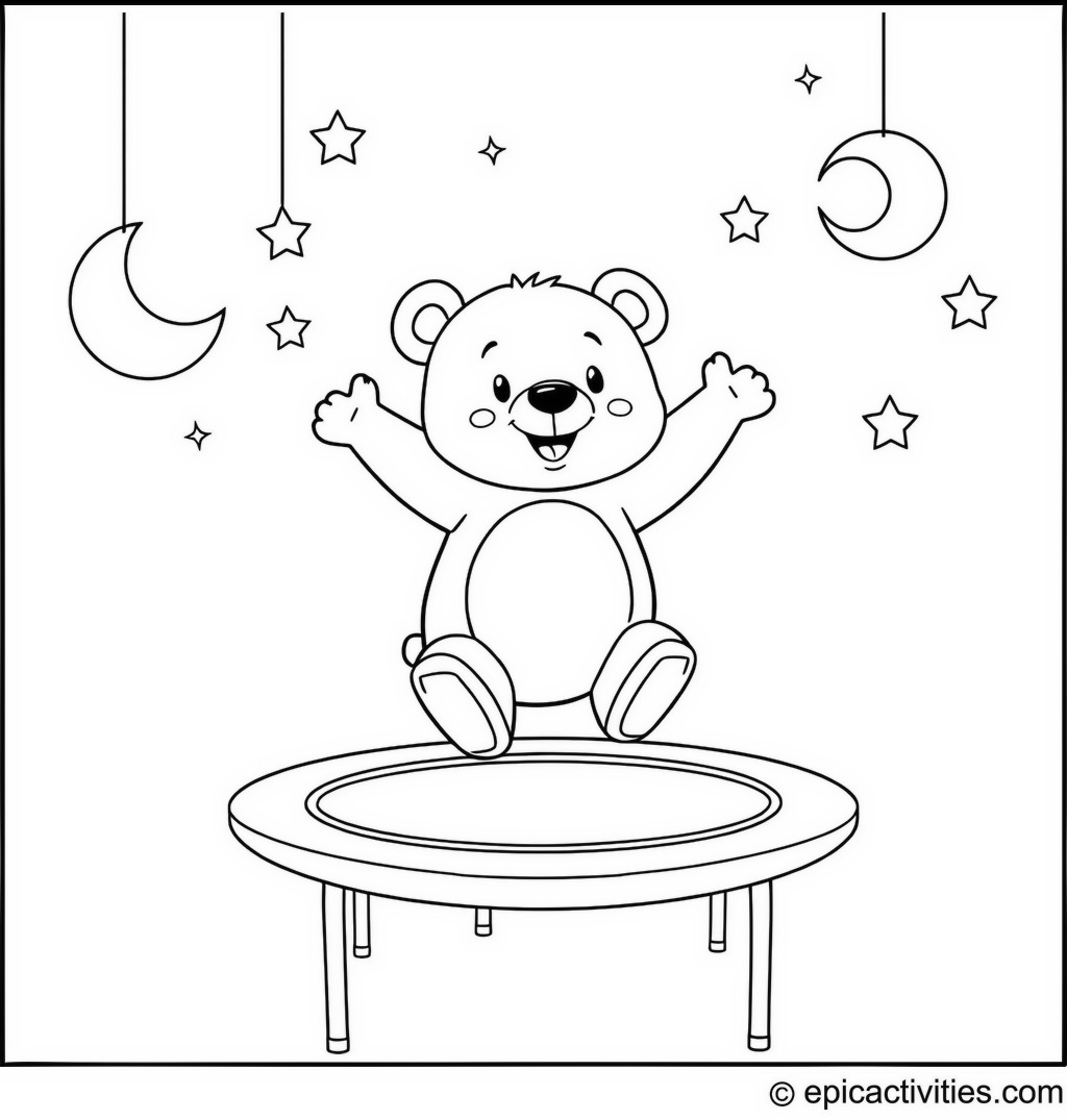 Coloring page of a cheerful bear bouncing on a trampoline under the starlit sky