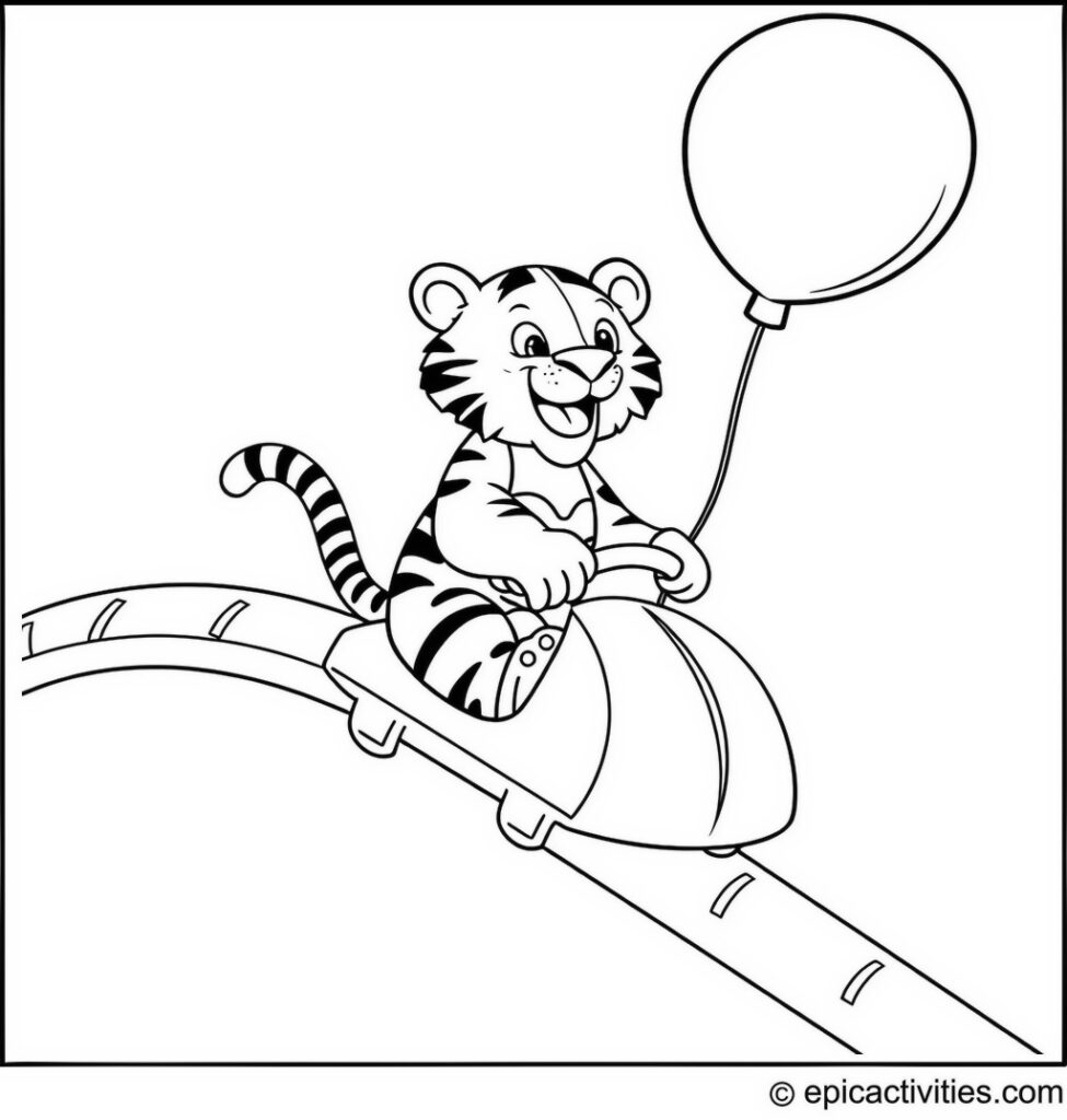 Coloring Page of a Cheerful Tiger Riding a Rollercoaster with a Balloon