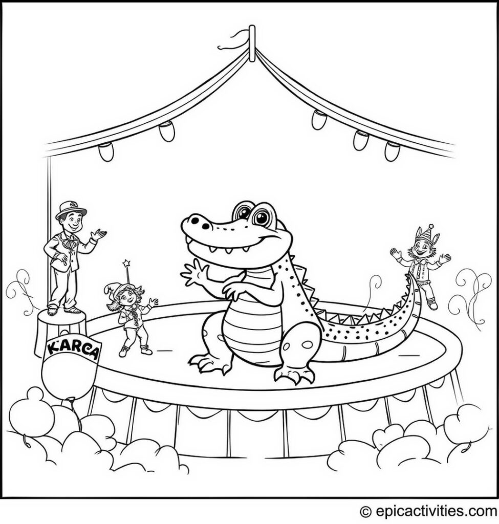 Coloring page of a circus alligator and animal acrobats