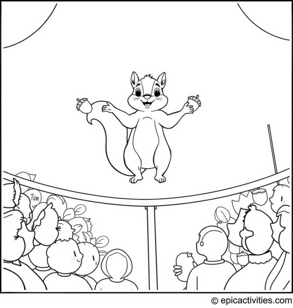 Coloring page of a Circus Squirrel Balancing on a Tightrope and Juggling Acorns