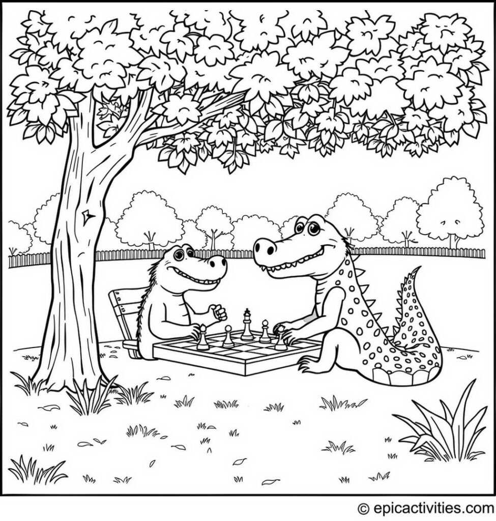 Coloring page of a Clever Alligator Playing Chess in the Park
