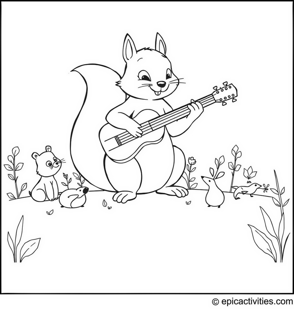 Coloring page of a Cool Squirrel Playing Guitar with Woodland Animals