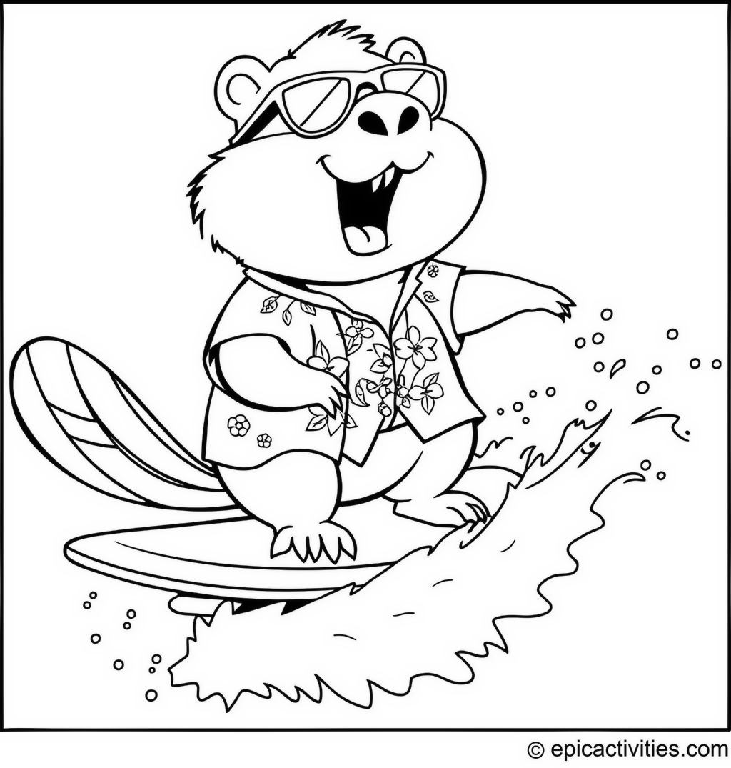 Coloring page of a Cool Surfing Beaver with Sunglasses and Tropical Shirt