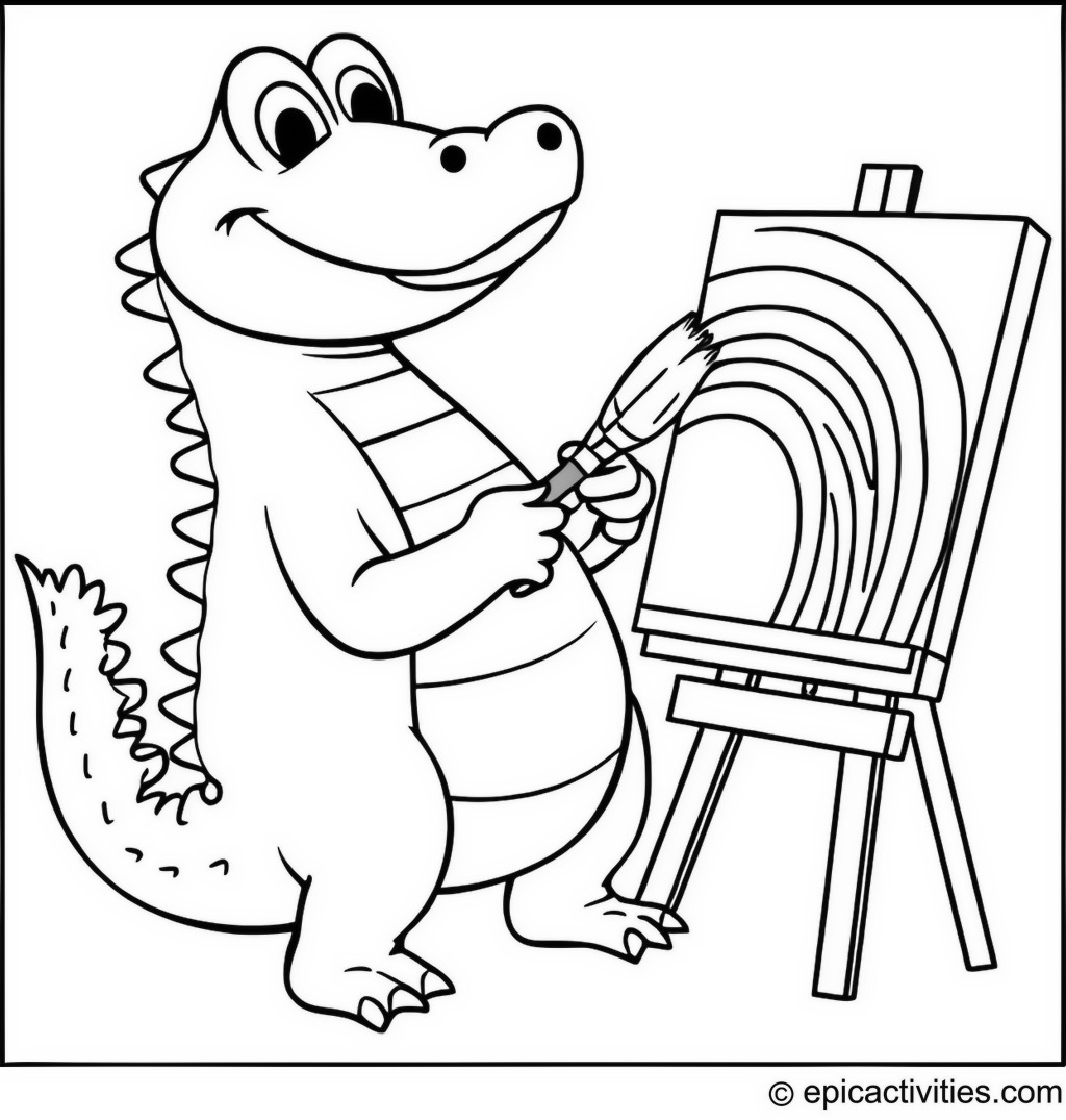 Coloring page of a creative alligator artist painting a rainbow