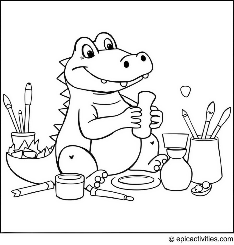Coloring page of a Creative Alligator Working in a Pottery Studio