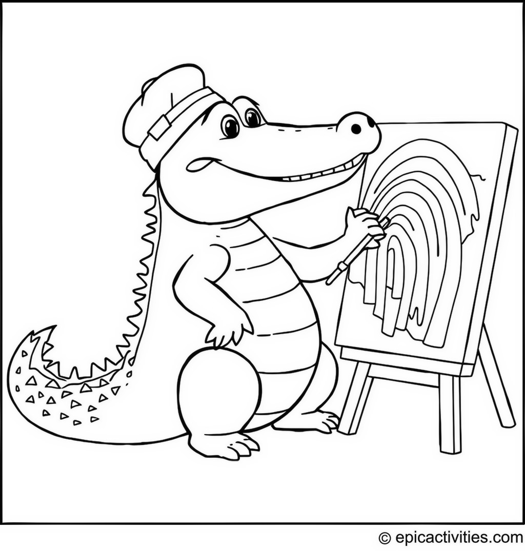 Coloring page of a Creative Crocodile Painting a Rainbow