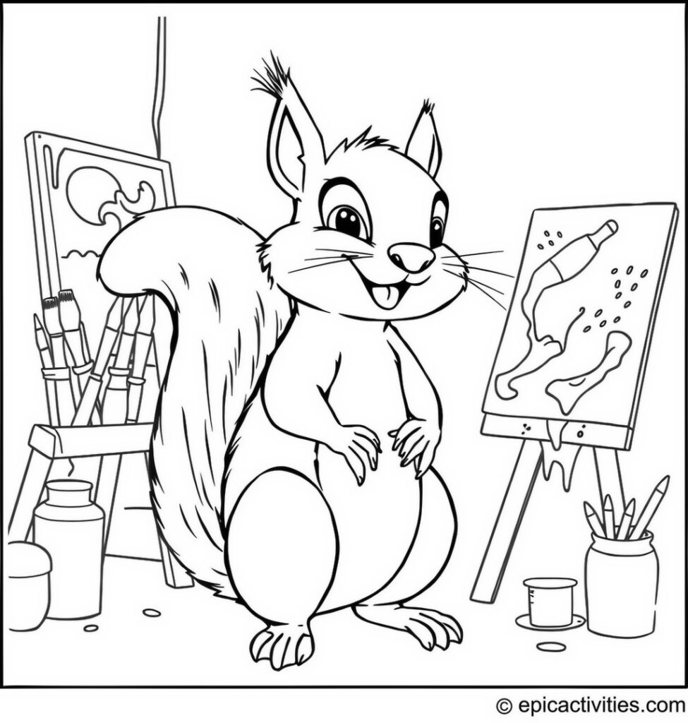 Coloring page of a Creative Squirrel Artist in a Colorful Studio