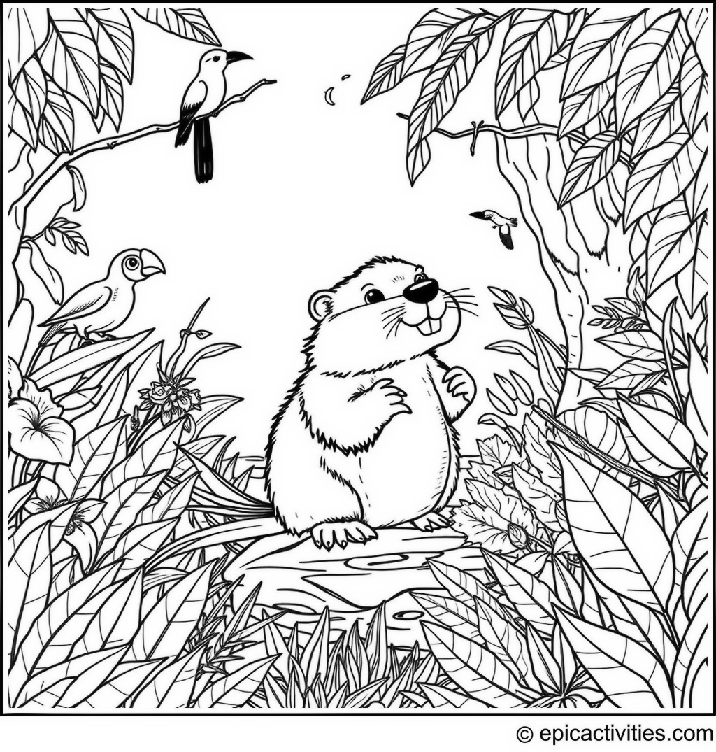 Coloring page of a curious beaver exploring a vibrant jungle with exotic animals