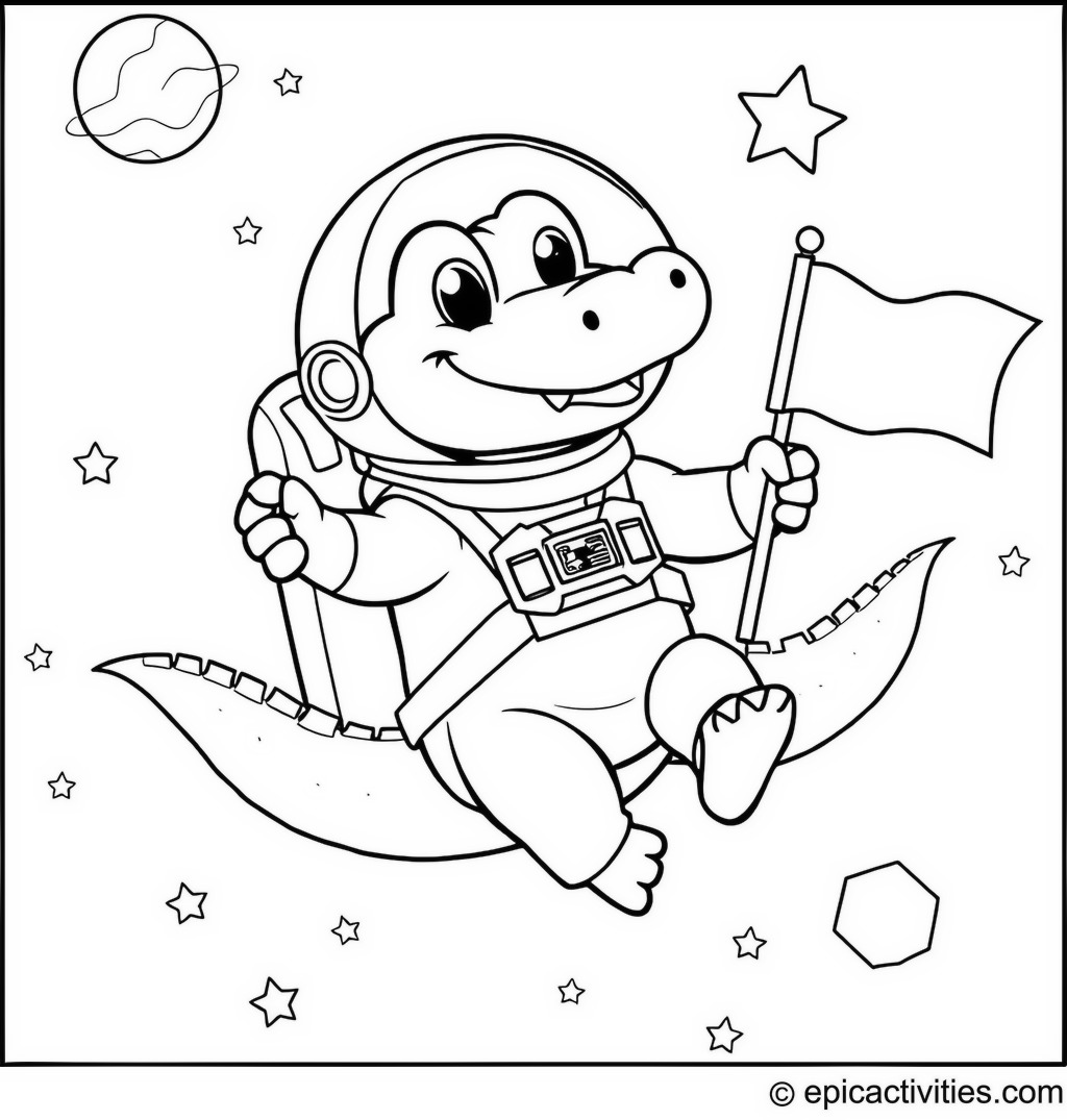 Coloring page of a Cute Alligator Astronaut in Space