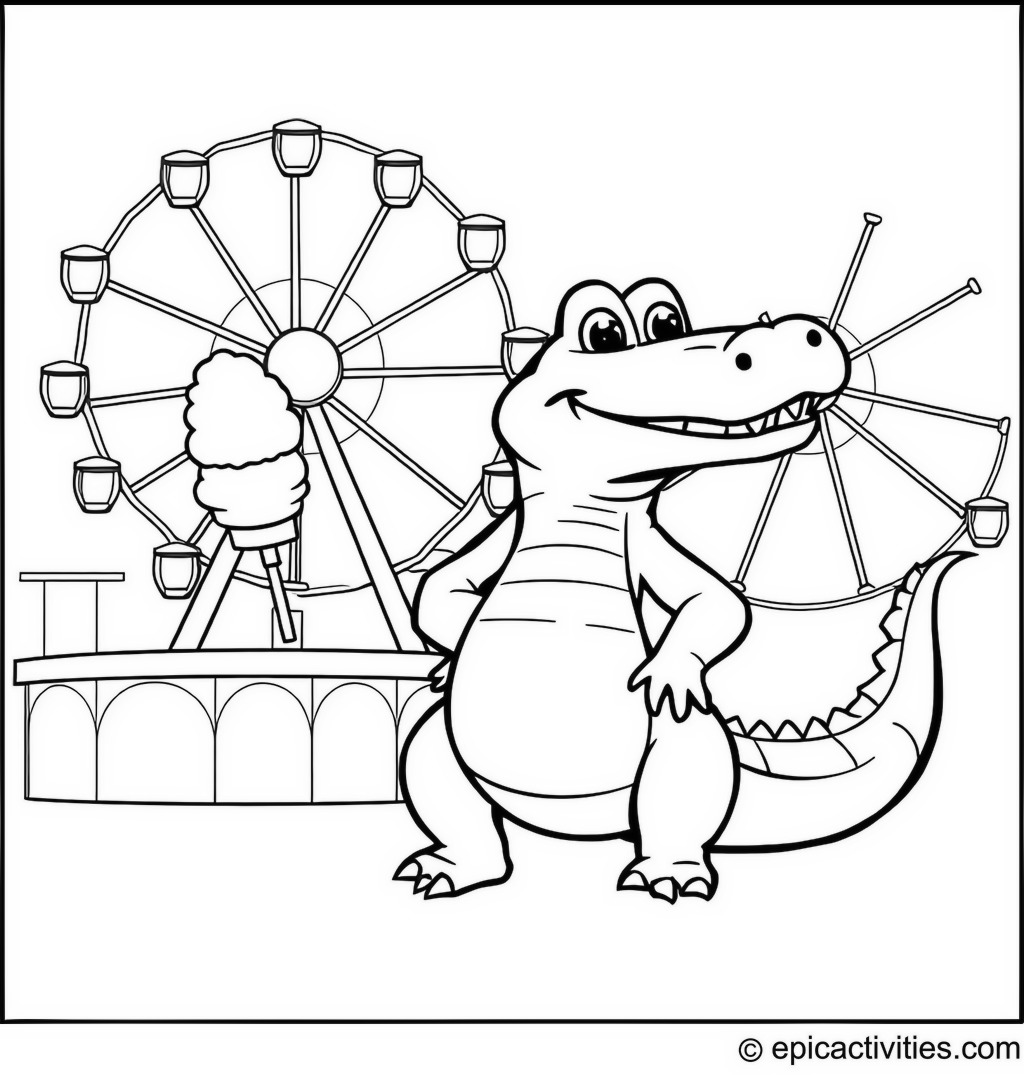 Coloring page of a Cute Alligator at a Carnival Enjoying Cotton Candy