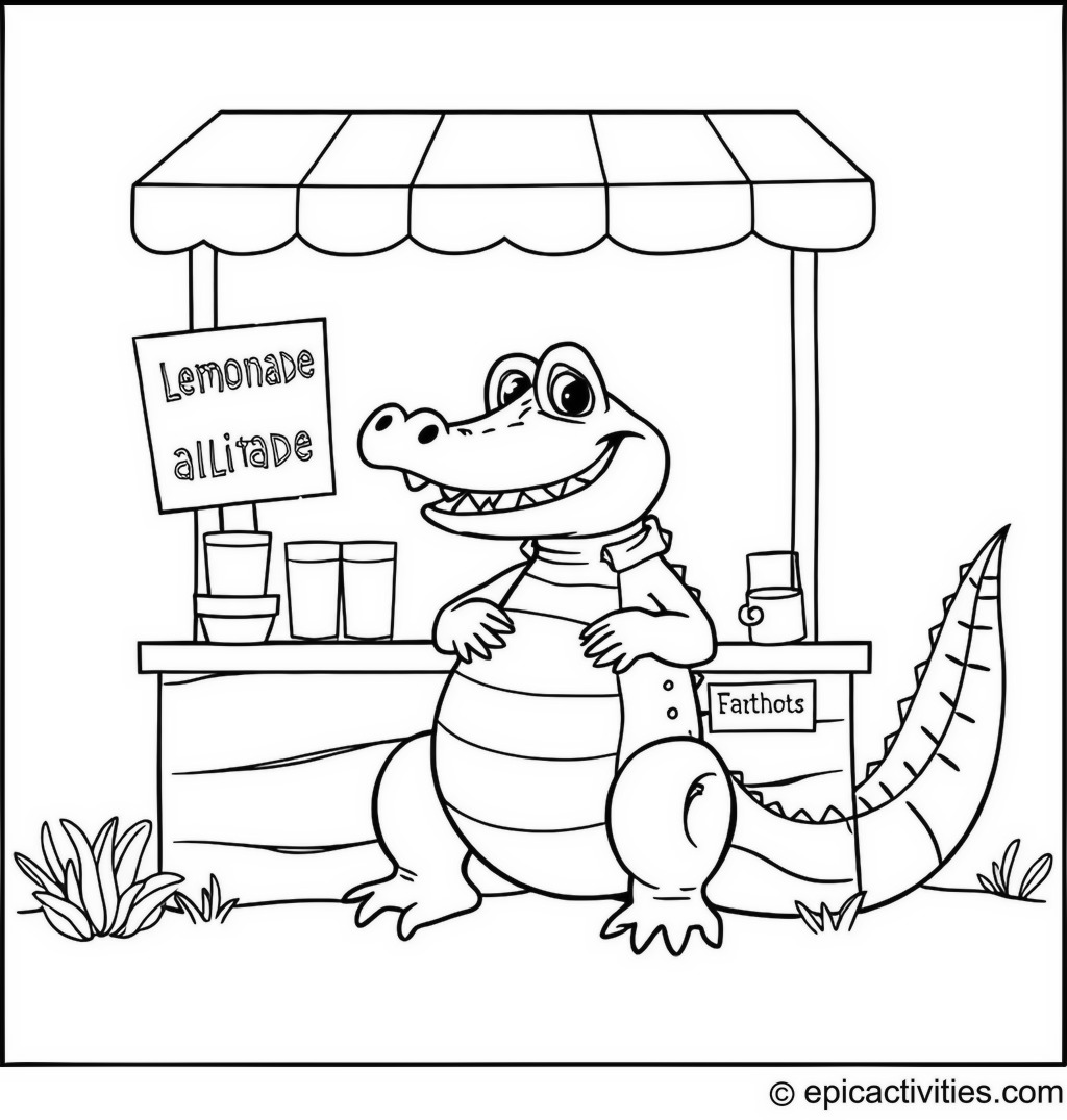 Coloring page of a Cute Alligator at a Lemonade Stand